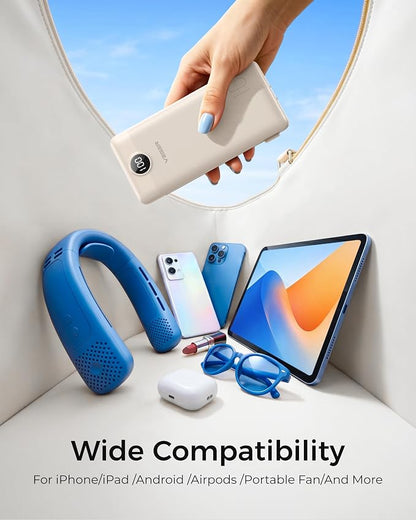 VEGER Portable Charger with Built-in AC Plug and Cables, All in One 10000mAh Ultra Slim Power Bank Travel Essentials, USB C External Battery Pack Compatible with iPhone, Samsung, More, Coffee