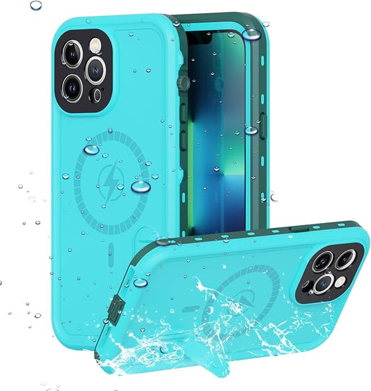Omio for iPhone 13 Pro Max Waterproof Case Compatible with MagSafe, Magnetic Full Body IP68 Shell with Built-in Screen Protector Military Grade Shockproof Cover with Stand for Men Women Blue