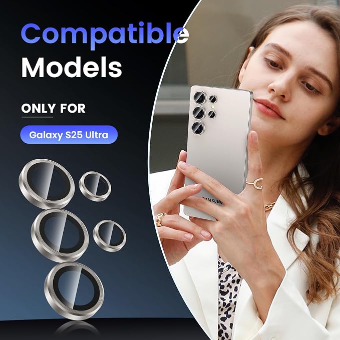 Tensea (3+2PCS Compatible with Samsung Galaxy S25 Ultra Camera Lens Protector, 9H Tempered Glass Camera Cover Screen Protector Metal Individual Ring [Installation Tray][Case Friendly]