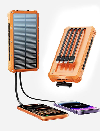 Solar-Charger-Power-Bank - 20000mah Solar Powered Battery Charger Cell Phone,20W Fast Charging Built in Cables,Camping Essentials Portable External Battery Pack Compatible with Multiple Devices