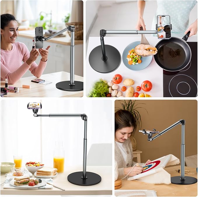 Overhead Phone Mount for Video Recording, Aluminum Overhead Tripod for iPhone, Desk Phone Camera Stand for Cooking, Nail Techs, Filming, Live Streaming