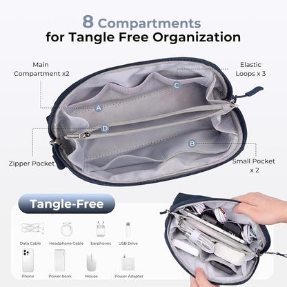 FYY Travel Cable Organizer - 8 Compartments, Lightweight, Water Repellent | With Wrist Strap, Portable Tech Pouch for Cord Charger, Travel and Business Trips Use, Soft Shell Nylon, Navy (Large)