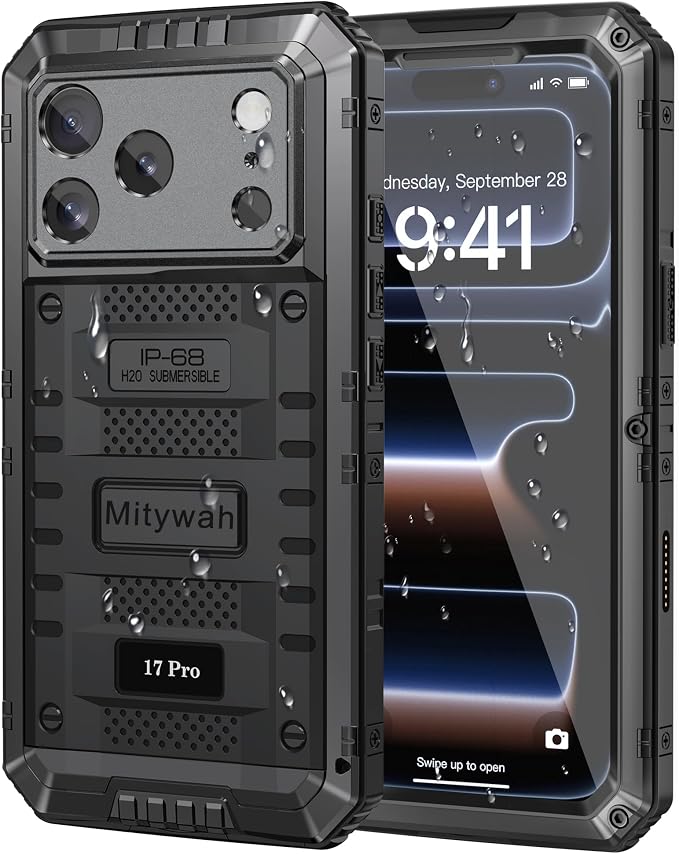 Mitywah Waterproof Case for iPhone 17 Pro, Rugged Metal Case with Built-in Screen Protector, Heavy Duty Full Body Shockproof Protective Cover 6.3 inch, Black
