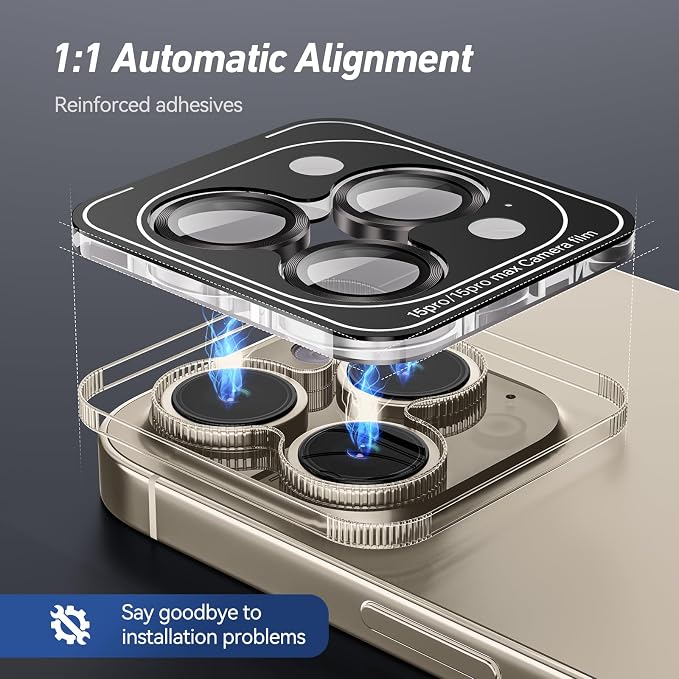Jeluse Camera Lens Protector for iPhone 17 Pro Max/17 Pro/16 Pro Max/16 Pro/15 Pro Max/15 Pro/14 Pro Max/14 Pro, 9H Tempered Glass Screen Protector Cover Alignment Kit Metal Individual Ring