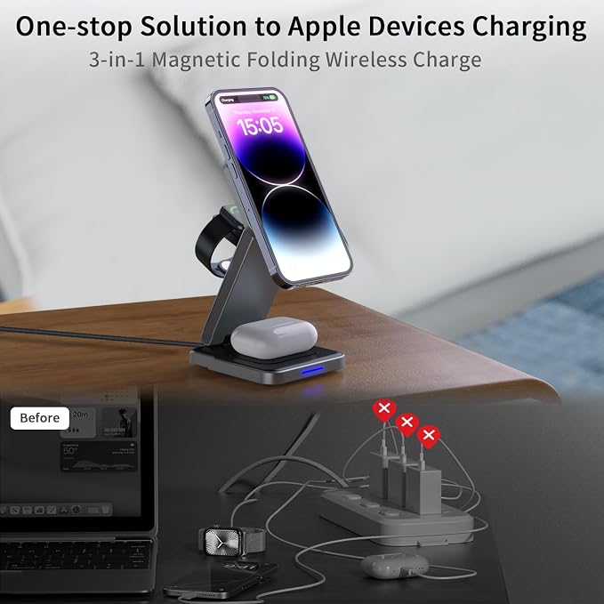 3 in 1 Magnetic Wireless Charger Station for iPhone 17/16/15/14/13/12 Series Mag-Safe Charging Station for Apple Watch Series 11-2/Ultra2/1/SE Foldable Wireless Charger for AirPods 4 3 2 1 Pro