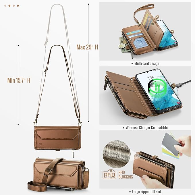 Strapurs Crossbody Wallet Case Compatible with Samsung Galaxy S22 5G RFID Blocking Card Holder Soft PU Leather Magnetic Snap Shoulder Strap Zipper Pocket Phone Case Fit for Galaxy S22 6.1" - Brown