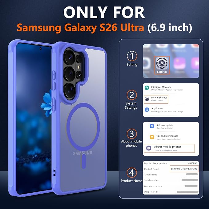 Compatible for Samsung Galaxy S26 Ultra Phone Case: S26 Ultra Case with 2PC HD Screen Protector, Wireless Charging Matte Translucent Soft-Touch & Full Body Shockproof para Case S26 Ultra,Sky Blue