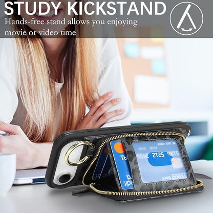 Crossbody Wallet Case for iPhone Air, PU Leather Zipper Handbag Purse Flip Cover, Kickstand Folio Case with Card Slots Holder Wrist Strap Lanyard 5G 6.5 Inch-Black Leopard