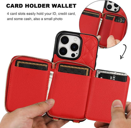 Bocasal Crossbody Wallet Case for iPhone 16 Pro, RFID Blocking PU Leather Zipper Handbag Purse Flip Cover, Kickstand Folio Case with Card Slots Holder Wrist Strap Lanyard 5G 6.3 Inch (Red)