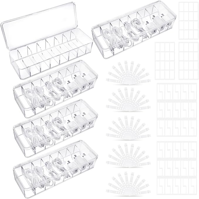 ProSuites Cable Organizer Box with Lid, 5 Pcs Clear Cord Storage Organizer with 50 Cable Ties 108 Cable Labels, Charger Organizer for Office Desk Drawer Organizers and Accessories