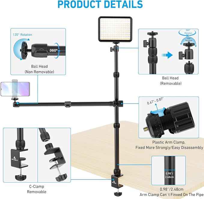 Ailight Overhead Camera Mount Desk Stand, 15.75"-33.45" Webcam Mount with 2-Section Adjustable Telescopic Boom Arm, C Clamp/Swiveling Ball Head for DSLR Camera, Phone Clip, Ring Light, Webcam