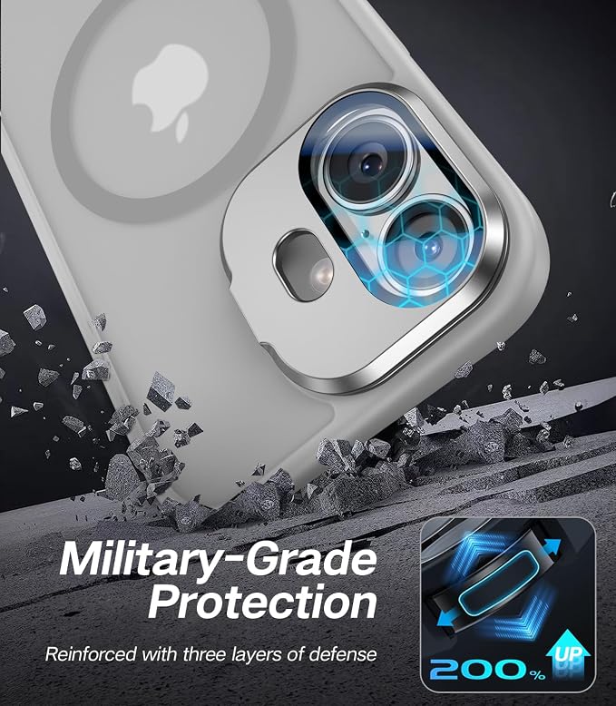 [Upgraded] for iPhone 16 Case with Camera Cover Stand [Fit for MagSafe][9H Camera Lens Protector] Mil-Grade Protection Translucent Matte Silicone Magnetic iPhone 16 Phone Case, Grey