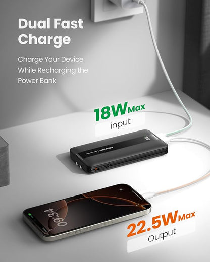 Portable Charger with Wall Plug, Fast Charging Power Bank Built-in Cables, Slim 10500mAh 22.5W 4 Outputs 3 Inputs LED Display External Battery Pack Compatible with iPhone/Android (Black)