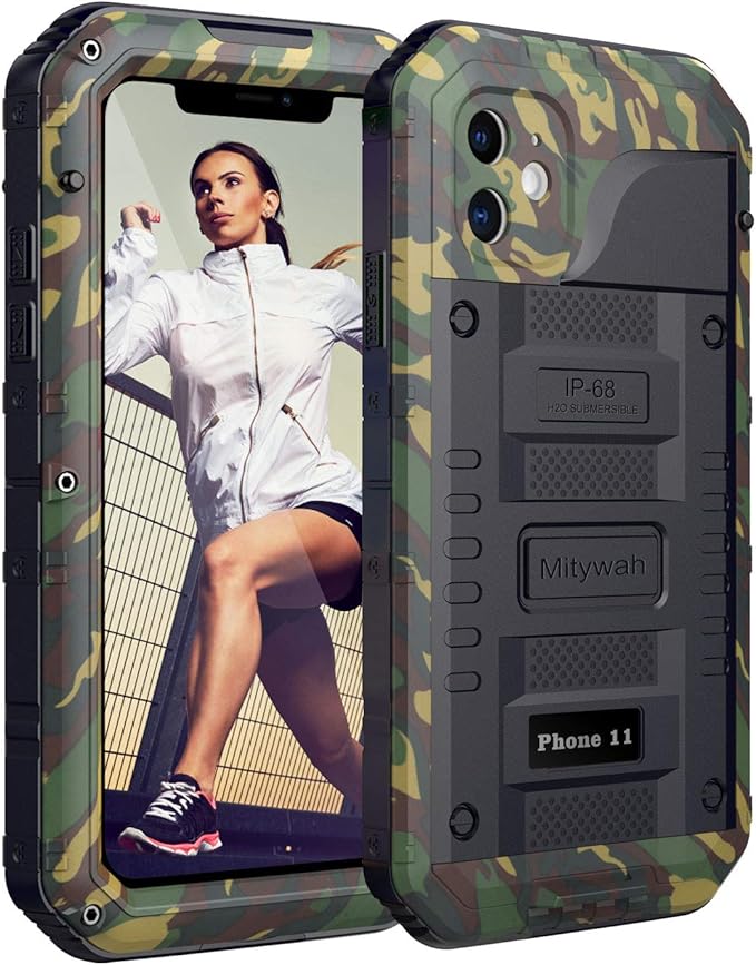 Mitywah Waterproof Case Compatible for iPhone 11, Heavy Duty Military Grade Defender Cover Built-in Screen Protection, Shockproof Metal Strong Dustproof Case for iPhone 11, Camouflage