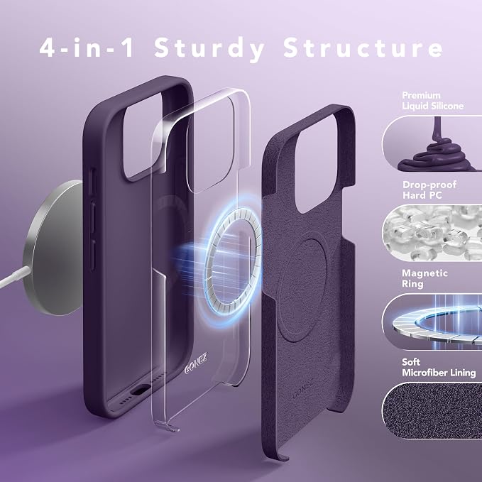 GONEZ for iPhone 14 Pro Max Case Silicone, Compatible with MagSafe, with Screen Protector + Camera Lens Protector, Liquid Silicone Shockproof Protective Phone 14 ProMax Case 6.7", Deep Purple