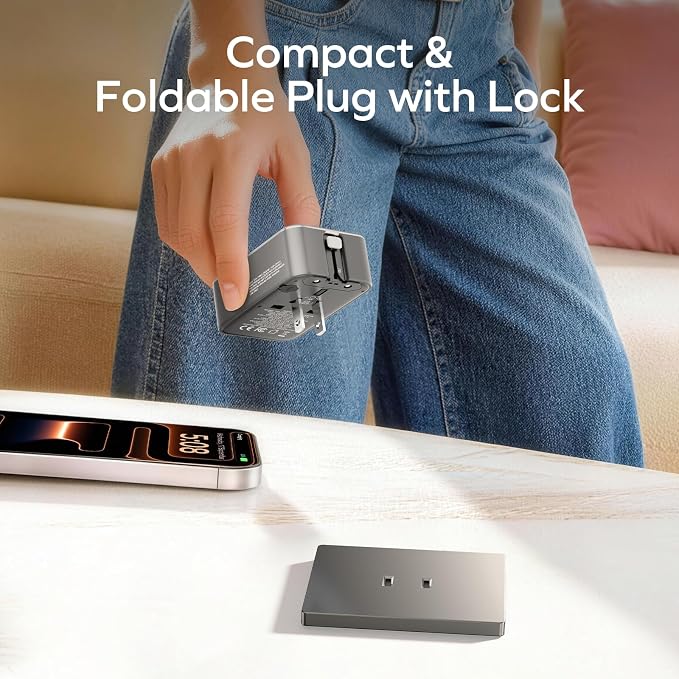 MOMAX 1-World Pocket Universal Travel Adapter – Ultra-Thin, Stylish & Mini GaN Charger, 25W Fast Charging, 5 Ports: 2 USB-C + 2 USB-A + AC, Foldable Plug, Worldwide Voltage, Misty Gray (1-Pack)