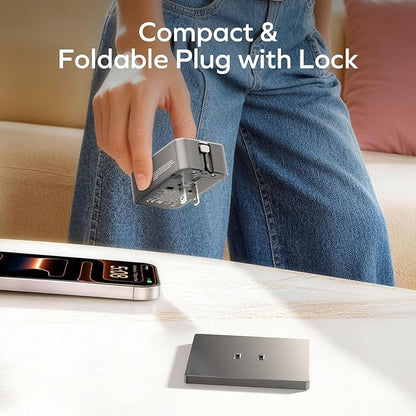 MOMAX 1-World Pocket Universal Travel Adapter – Ultra-Thin, Stylish & Mini GaN Charger, 25W Fast Charging, 5 Ports: 2 USB-C + 2 USB-A + AC, Foldable Plug, Worldwide Voltage, Misty Gray (1-Pack)