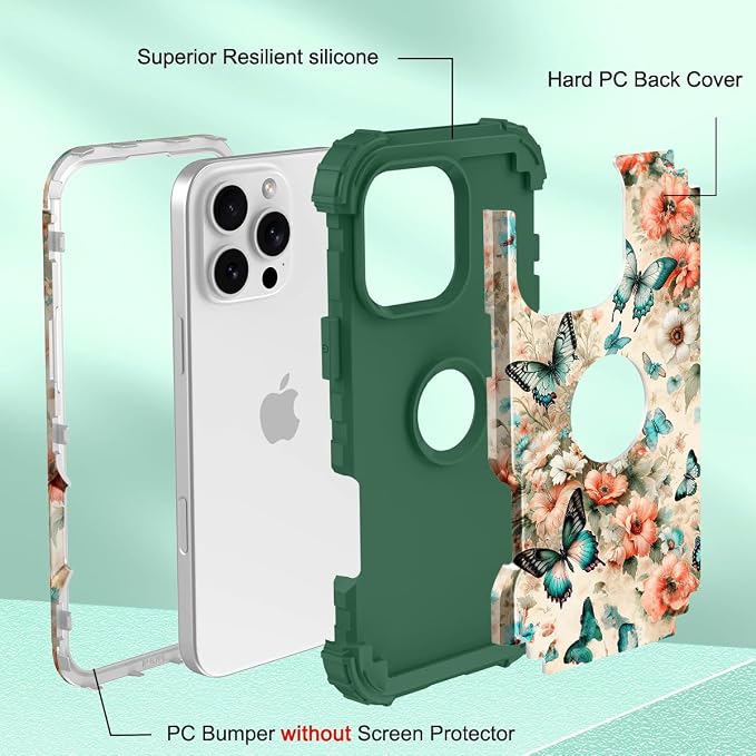 Hocase for iPhone 16 Pro Max Case, Heavy Duty Shockproof Protection Soft Silicone Rubber+Hard Plastic Bumpers Hybrid Protective Case for iPhone 16 Pro Max 2024 - Teal Green Butterflies