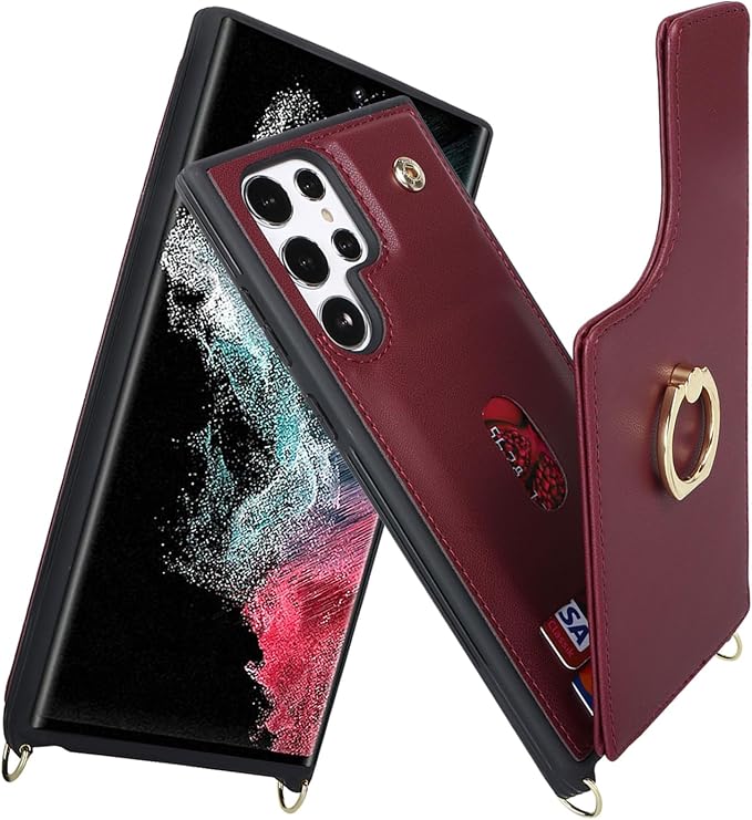 Lipvina for Samsung Galaxy S22 Ultra Case with Card Holder and Strap for Women,Crossbody Lanyard,RFID Blocking,Stand Ring Kickstand,Snap Clasp,Phone Wallet Cases 6.8 inch(Wine Red)