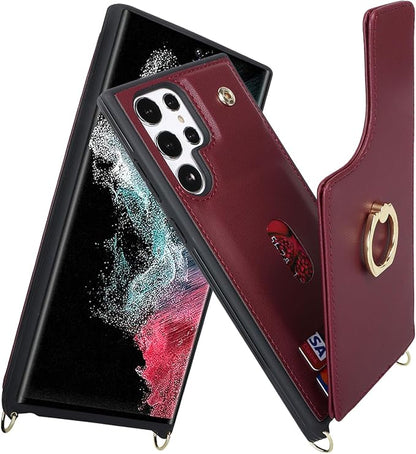 Lipvina for Samsung Galaxy S22 Ultra Case with Card Holder and Strap for Women,Crossbody Lanyard,RFID Blocking,Stand Ring Kickstand,Snap Clasp,Phone Wallet Cases 6.8 inch(Wine Red)