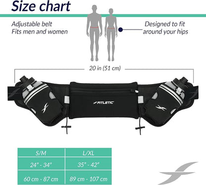 Fitletic Hydration Running Belt with Water Bottles for Men & Women – 2 Quick Flow 8oz Running Water Bottles, Patented Bounce Free Design, Water Resistant Pouch Fits All Phones – Hydra 16