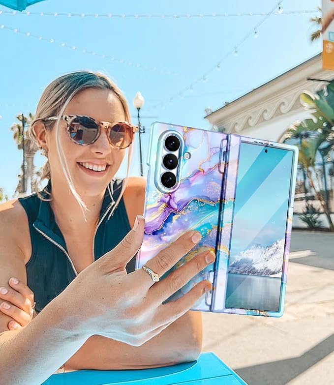 Btscase for Samsung Galaxy Z Fold 8 Ultra Case,Built in Front Screen Protector,[Compatible with MagSafe] Marble Hard PC Slim Shockproof Full Body Drop Protective Case for Z Fold 8 Ultra, Blue Gold