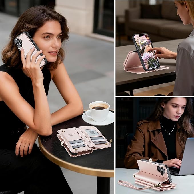 Strapurs for iPhone 16 Plus Detachable Wallet Case Compatible with Magsafe, RFID Blocking 9-Card Holder Zipper Wrist Strap Lanyard PU Leather Magnetic Phone Case for iPhone 16 Plus 6.7", Rose Gold
