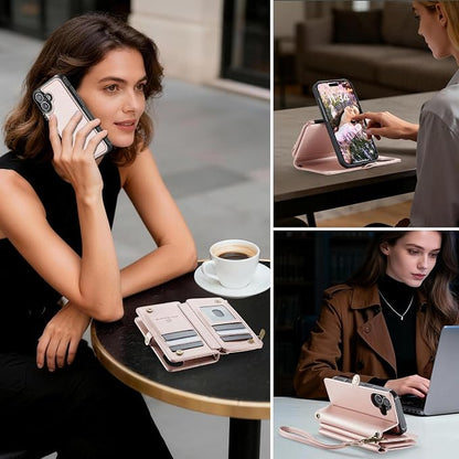 Strapurs for iPhone 16 Plus Detachable Wallet Case Compatible with Magsafe, RFID Blocking 9-Card Holder Zipper Wrist Strap Lanyard PU Leather Magnetic Phone Case for iPhone 16 Plus 6.7", Rose Gold