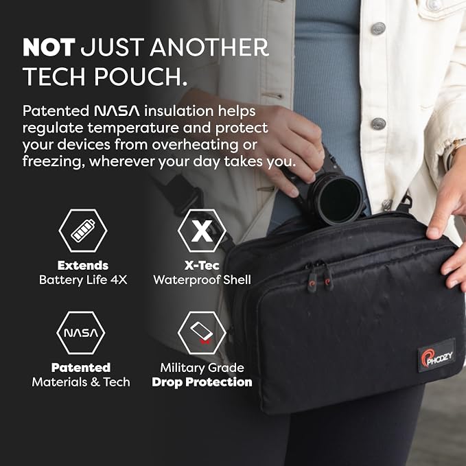PHOOZY Tech Pouch and Cable Organizer Bag for Travel - NASA Inspired Thermal Protection with Dual Compartment Design - Weatherproof Electronics Organizer (BLACK)