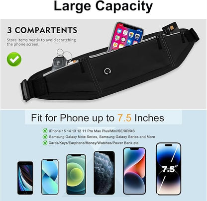 Slim Running Belt Fanny Pack for Men Women, Adjustable Running Phone Holder with 3 Pockets, Reflective Fitness Fanny Pack for Phones up to 7.2 inch, Water Resistant Sports Waist Bag, Black