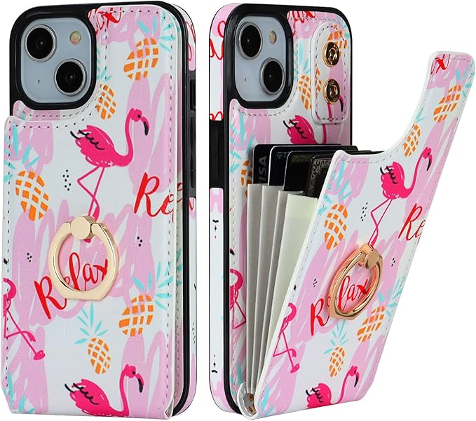 HAOPINSH for iPhone 13/ iPhone 14 Wallet Case with Card Holder, 360°Rotation Ring Kickstand, Pink Flamingo Pattern, RFID Blocking Leather for Girls Women, Double Buttons Flip Protective Cover 6.1"