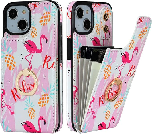 HAOPINSH for iPhone 13/ iPhone 14 Wallet Case with Card Holder, 360°Rotation Ring Kickstand, Pink Flamingo Pattern, RFID Blocking Leather for Girls Women, Double Buttons Flip Protective Cover 6.1"