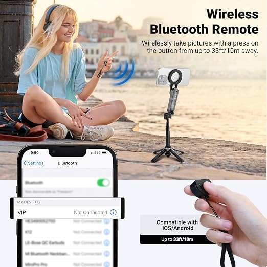 NEEWER BASICS Magnetic Selfie Stick Tripod Compatible with Magsafe iPhone Samsung Android, Portable Desk Cell Phone Stand Grip Holder Extendable with Detachable Remote for Video Recording, PA985 Black