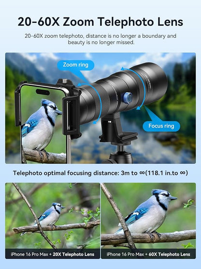 MIAO LAB 20-60X Zoom Telephoto Lens for Smartphones | High-Power Phone Lens Kit with Tripod & Universal Clip | Compatible with iPhone 17/16/15/14/13 Series, Samsung & Android Devices