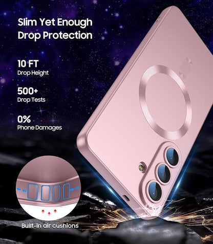 Magnetic for Samsung Galaxy S26 Case [Compatible with MagSafe][Built-in Camera Lens Protector] Slim Soft Silicone Bumper Shockproof Metallic Luster Phone Case, Rose Gold