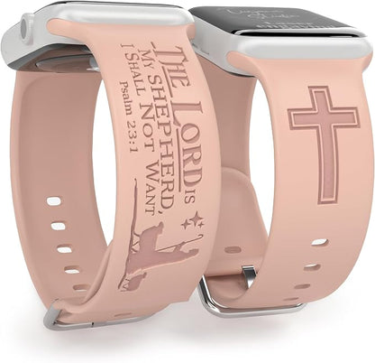 The LORD is my Shepherd Watch Band compatible with Apple Watch Laser Engraved iWatch Band Silicone 38mm 40mm 41mm 42mm 44mm 45mm 49mm Strap Jesus Psalm Christian God (38/40/41mm S/M, Pink Sand)