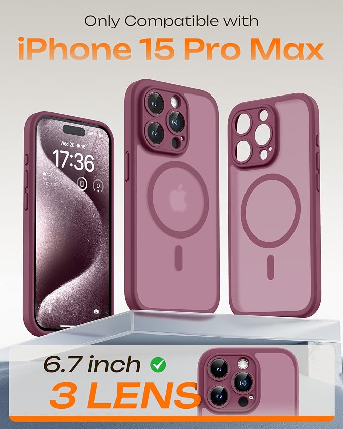 TOCOL for Phone 15 Pro Max Case, Compatible with Magsafe Charger, Full Camera Protection, Drop Protection, Translucent Matte Phone Case for iPhone 15 Pro Max 6.7 inch (Plum)