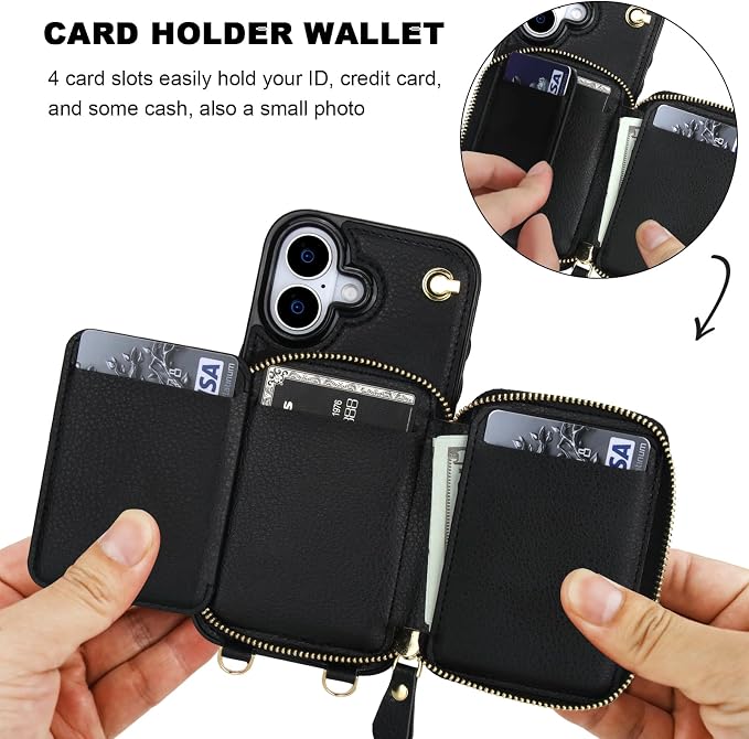 Bocasal for MagSafe Crossbody Wallet Case Compatible with iPhone 17, RFID Blocking Protective Purse Case with Card Slots Holder Kickstand Wrist Strap Lanyard Zipper 6.3 Inch 5G (Black)