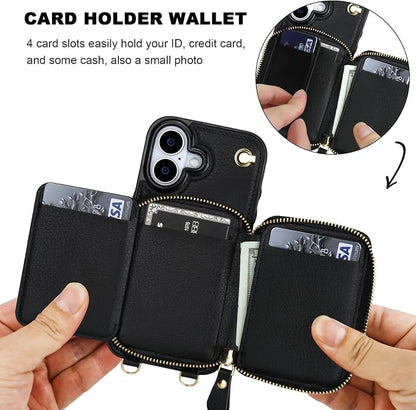 Bocasal for MagSafe Crossbody Wallet Case Compatible with iPhone 17, RFID Blocking Protective Purse Case with Card Slots Holder Kickstand Wrist Strap Lanyard Zipper 6.3 Inch 5G (Black)