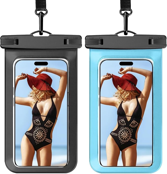 2 Pack Universal Waterproof Phone Pouch Compatible for iPhone, Universal Waterproof Dry Bag Travel Essentials for Cruise Kayak Vacation Accessories Must Haves, Black & Blue - 7"