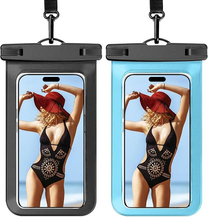 2 Pack Universal Waterproof Phone Pouch Compatible for iPhone, Universal Waterproof Dry Bag Travel Essentials for Cruise Kayak Vacation Accessories Must Haves, Black & Blue - 7"