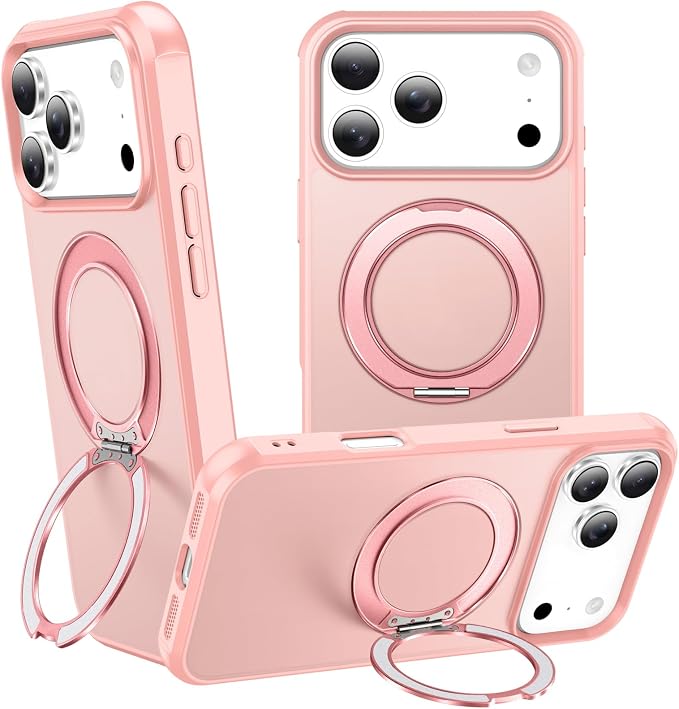 360° Magnetic Swivel Ring for iPhone 17 pro max case, Built-in Metal Stand and Ring Holder, Magsafe Compatible, Military Grade Protection, Shock and Vibration Resistant- Pink