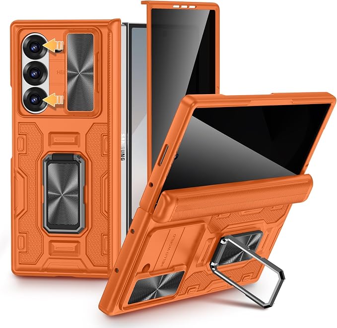 VEGO for Samsung Fold 6 Case with Hinge Protection&Screen Protector,Orange | Slide Camera Cover[Adjustable Stand] Military-Grade Drop Protection Hard Privacy Phone Case for Galaxy Z Fold 6 2024
