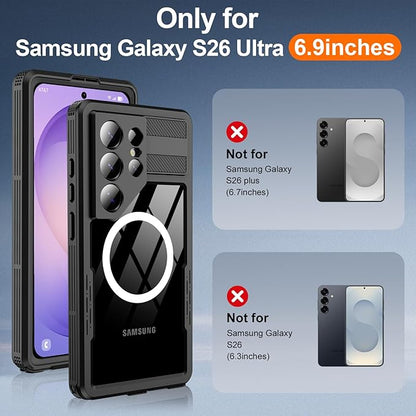 GOLDJU for Samsung Galaxy S26 Ultra Case Waterproof, S26 Ultra Case with Built-in Screen & Lens Protector, Shockproof Full Body Protection Phone Case, Compatible with MagSafe/Wireless Charging, Black