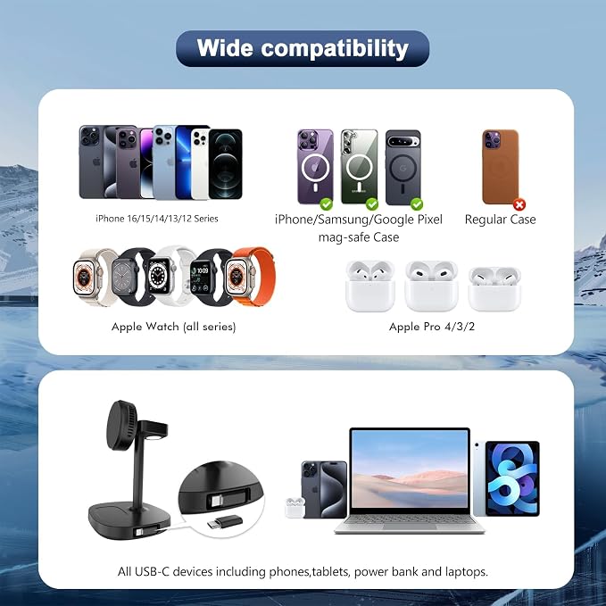 5 in 1 Qi2 Magnetic Wireless Charger Stand, 15W Fast Wireless Charging Station with Cooling Fan for iPhone 17/16/15/14/13/12, AirPods, Apple Watch - 65W Adapter & Retractable USB-C Cable Included