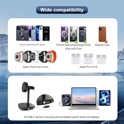 5 in 1 Qi2 Magnetic Wireless Charger Stand, 15W Fast Wireless Charging Station with Cooling Fan for iPhone 17/16/15/14/13/12, AirPods, Apple Watch - 65W Adapter & Retractable USB-C Cable Included