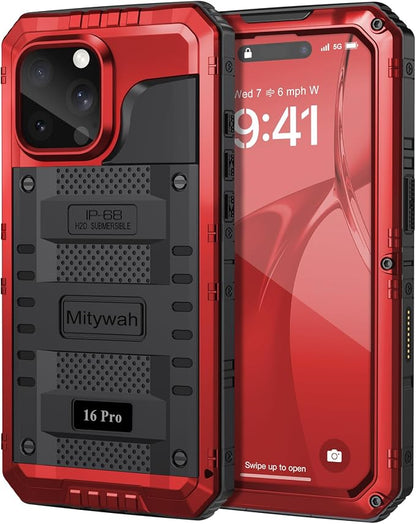 Mitywah Waterproof Case for iPhone 16 Pro, Shockproof Heavy Duty Case with Built-in Screen Protector, Underwater Full Body Protective Metal Case 6.3 inch, Red
