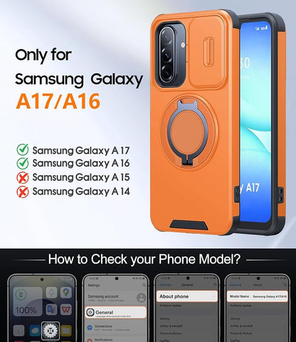 JAME for Samsung Galaxy A17/A16 5G Case, Ring Holder Stand, Slide Camera Cover, 2 Pack Screen Protectors, Dual-Layer Shockproof Protective, Magnetic Accessory Friendly Galaxy A16/A17 4G Case, Orange