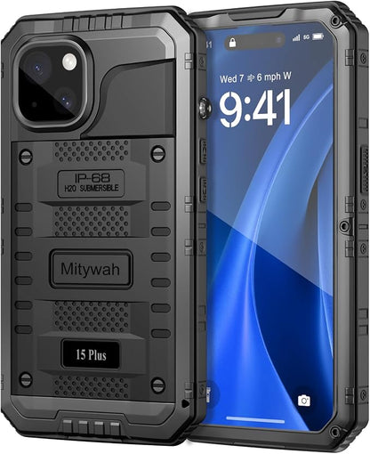 Mitywah Waterproof Case for iPhone 15 Plus, Heavy Duty Shockproof Case with Built-in Screen Protector, Full Body Underwater Protective Metal Case 6.7 inch, Black