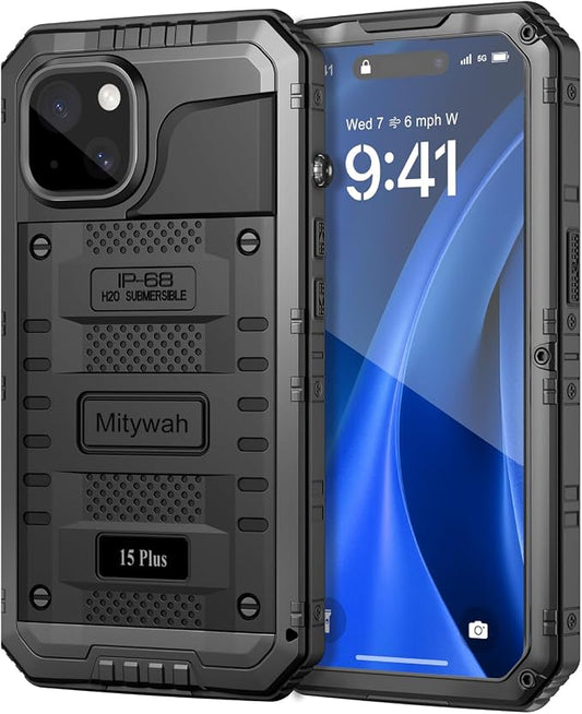 Mitywah Waterproof Case for iPhone 15 Plus, Heavy Duty Shockproof Case with Built-in Screen Protector, Full Body Underwater Protective Metal Case 6.7 inch, Black